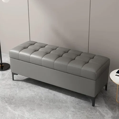 Vista 9 de Tufted Leather Storage Bench End of Bed Upholstered Entryway Ottoman Chest Café claro