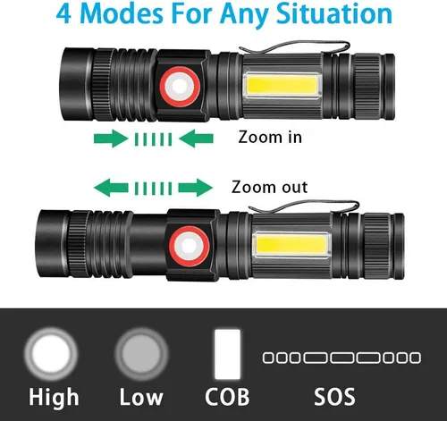 Vista 3 de Linterna táctica recargable, (sin batería), linternas magnéticas USB con luz de flash COB, 4 modelos, zoomable, impermeable, Vnina LED linterna