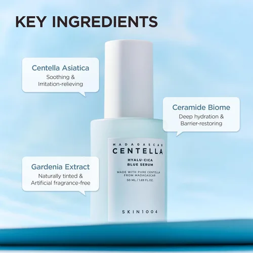 Vista 3 de SKIN1004 Hyalu-Cica Blue Serum 1.69fl.oz, 1.7 fl oz, suero facial hidratante con 5 ácidos hialurónicos y Madagascar Centella Asiatica, ampolla