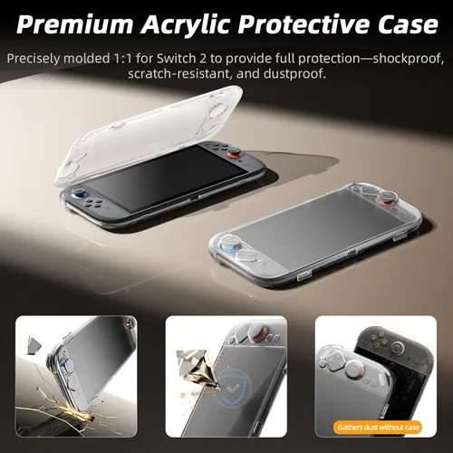 Vista 2 de Protective Case for Switch 2, AOLION Accessories for Switch 2 with Clear Acrylic Shell, Dust Plugs, Tempered Glass Screen Protector for Switch 2 and
