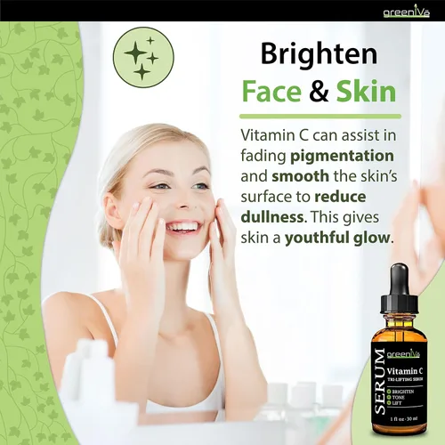 Vista 5 de GreenIVe Suero de vitamina C para cara con ácido hialurónico y colágeno vegetal, suero facial hidratante Tri-Lifting - Cuidado de la piel iluminador