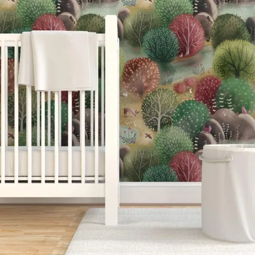 Vista 6 de Papel tapiz para despegar y pegar, bosque caprichoso, naturaleza, bosque, otoño, paisaje, árboles, animales, papel tapiz extraíble personalizado por