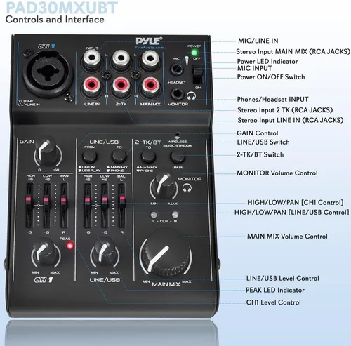 Vista 2 de Pyle - Mezclador de audio Bluetooth de 3 canales - Controlador de sonido DJ con tarjeta de sonido USB para grabación en PC - XLR - Conector