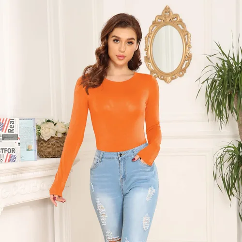 Vista 25 de LAOLASI Body de manga larga con cuello redondo para mujer, ajustado, básico, extensor