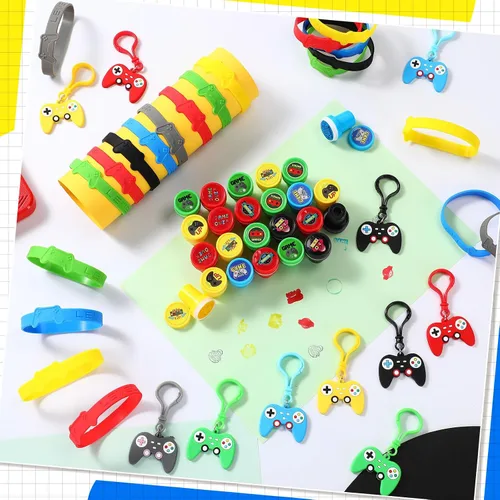 Vista 5 de Skylety Juego de 72 piezas de recuerdos de fiesta de videojuegos, pulseras de goma, sellos de videojuegos, llavero de langosta acrílico, suministros
