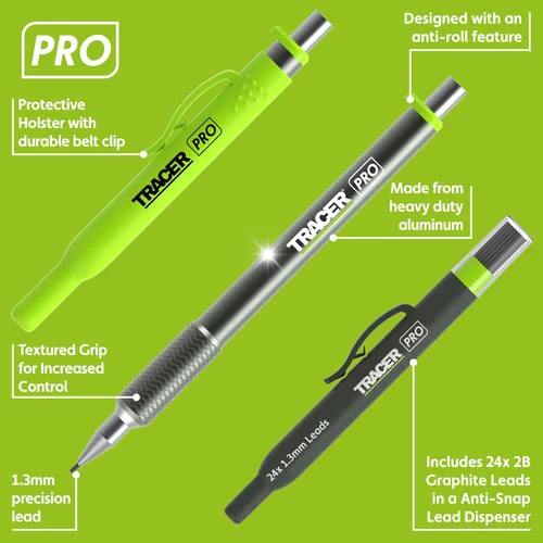 Vista 2 de Tracer Pro Series Lápiz de Precisión con 24 Minas de Repuesto de 1.3mm (0.051 in) y Fundas para Sitio - Kit de Marcado de Precisión de Aluminio
