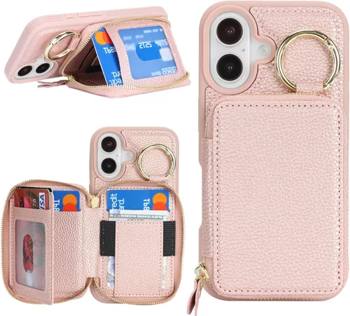 Vista 24 de Funda compatible con iPhone Air Wallet con tarjetero para iPhone Air, funda con cremallera y ranura para mujer, 5G de 6.5 pulgadas, color oro rosa