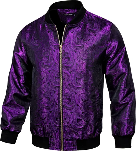 Vista 3 de YOHOWA Chaqueta de lentejuelas para hombre, ligera, cortavientos, estampado de cachemira, corte ajustado, abrigo de bombardero resistente al viento