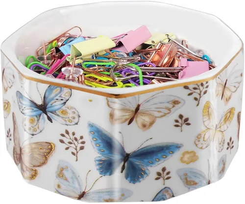 Vista 8 de Portaclips de Cerámica con Línea Dorada Dispensador Organizador de Clips para Escritorio Lindo Patrón de Mármol Terrazo Portaclips de Oficina