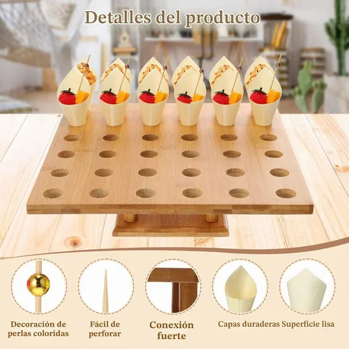 Vista 3 de Rtteri - 150 conos de madera desechables para alimentos con 36 agujeros, soporte de exhibición de cono de helado de bambú y 150 palitos de bambú