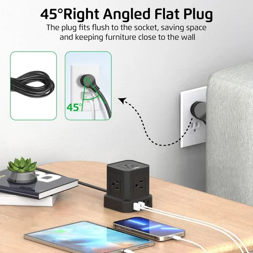 Vista 8 de Tiras de alimentación Cube con protección contra sobretensiones, cable de extensión de 10 pies con múltiples tomas, 5 enchufes de CA, 3 USB, 1