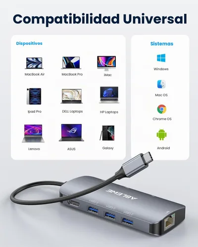 Vista 7 de ABLEWE USB C Hub Ethernet, Hub USB C multipuerto a HDMI, Adaptador USBC 8 en 1 de 4K@60Hz, 1000Mbps, PD de 100W, 3 puertos USB 3.0, estación
