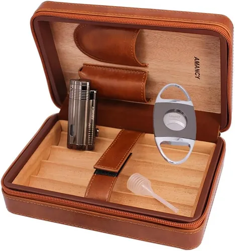 Vista 4 de AMANCY Elegante funda de humidor de 4 puros con forro de madera de cedro marrón marrón hecha a mano con 3 encendedores y cortador de cigarrillos