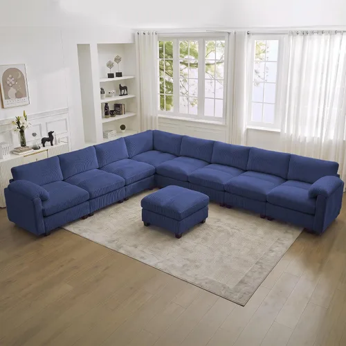 Vista 45 de Sofá modular de 61 pulgadas con otomana, asiento extra profundo para sala de estar, sofá de asiento profundo de pana con almohadas para Beige