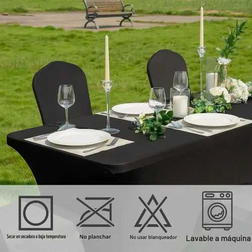 Vista 5 de Paquete de 2 manteles de elastano negro de 6 pies – Manteles ajustados – Mantel elástico de ajuste universal para mesas plegables – Sin arrugas
