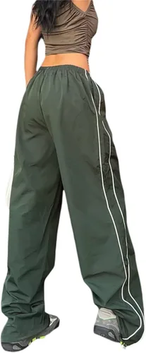 Vista 3 de KMBANGI Pantalones de paracaídas para mujer, holgados Y2k, pantalones deportivos con cintura elástica, rayas laterales, pantalones deportivos