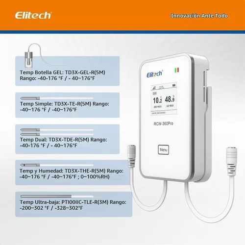 Vista 5 de Elitech Sonda de temperatura dual para RCW-360Pro, -40°F a 176°F, sensor digital de detección automática de cable de 16.4 pies con certificado