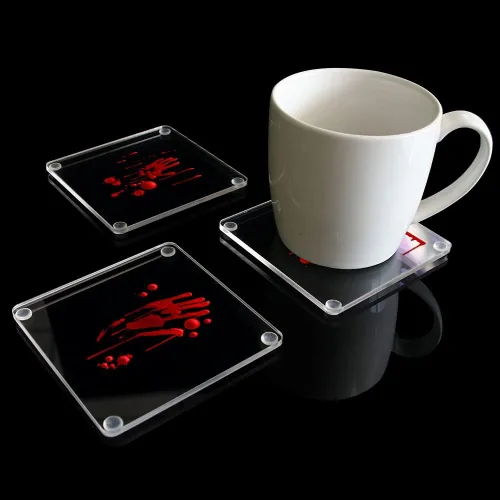 Vista 5 de Juego de 6 posavasos con salpicaduras de sangre de 4 pulgadas, posavasos cuadrados de vidrio acrílico transparente para manualidades