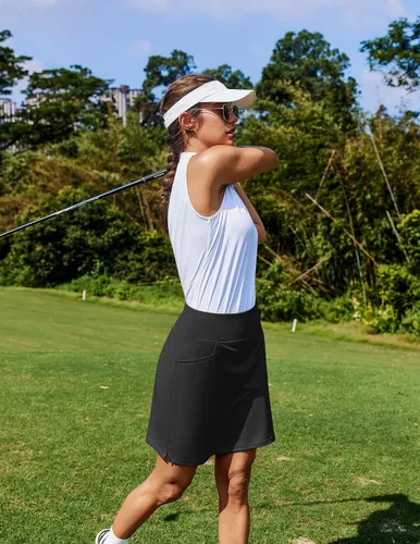 Vista 5 de COOrun Faldas pantalón deportivas para mujer con bolsillos, longitud hasta la rodilla, con pantalones cortos integrados, falda casual para golf