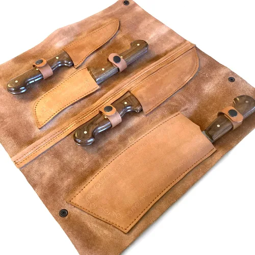 Vista 3 de Butcher Series - Juego de cuchillos y cuchillos forjados a mano de 4 piezas con funda de cuero auténtico, cuchillas de acero de alto carbono 5160