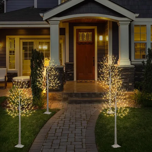 Vista 6 de Juego de 2 árboles de abedul iluminados de 6 pies, 160 LED blanco cálido, para el hogar, festival, fiesta y decoración de Navidad, uso en interiores