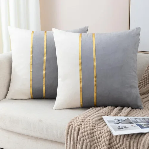Vista 17 de ZLINA Juego de 2 fundas de almohada decorativas de terciopelo verde aguamarina y blanco con parches y cuero dorado de 16 × 16 pulgadas, fundas