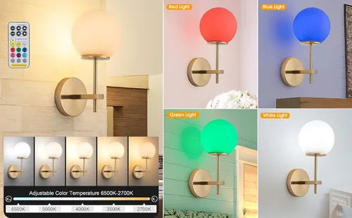 Vista 2 de Juego de 2 apliques de pared LED que funcionan con pilas, pantalla de vidrio moderna con globo con control remoto, regulable, no cableado, fácil
