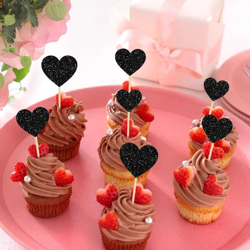 Vista 5 de Gyufise 30 adornos de corazón para cupcakes con purpurina de tamaño mixto con temática de dulce amor, decoración de pastel de corazón, boda Negro