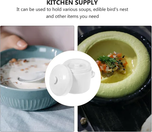Vista 4 de HEMOTON Olla de cerámica blanca con tapa, cuenco de sopa de vapor con asas, taza de vapor para sopa y fideos, utensilios de cocina para natillas