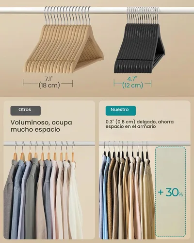 Vista 4 de SONGMICS Perchas de madera, paquete de 20, perchas para abrigos, barra para pantalones, ganchos giratorios de 360°, madera de abedul maciza, 0.3