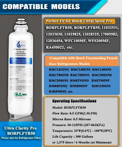 Vista 2 de BORPLFTR50 Repuesto para filtro de agua Bosch Ultra Clarity Pro, compatible con filtro de agua para refrigerador 11032531 12033030 BORPLFTR55