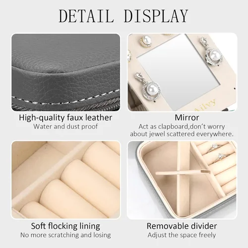 Vista 3 de Ailvy Organizador de joyas de viaje con espejo, pequeño joyero portátil, estuche de joyería para aretes, anillos, collares, pulseras, regalo