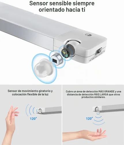 Vista 2 de Lyridz Luces recargables para debajo del gabinete con sensor de movimiento ajustable de 90 grados, luces LED inalámbricas de armario de 1500 mAh