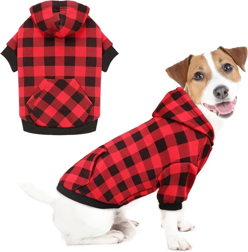 Vista 9 de Suéter para perro, ropa para mascotas a cuadros de búfalo rojo, cálido y suave, transpirable, acogedor con capucha para mascotas pequeñas, suéteres