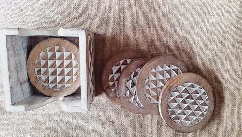 Vista 8 de Juego de 6 posavasos de madera blanqueada con soporte, posavasos rústicos para tazas de café, tazas de té y vasos, juego de posavasos de madera