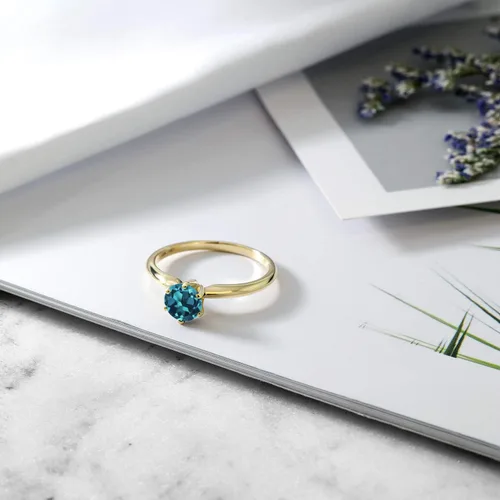 Vista 30 de Anillo de compromiso solitario con piedra preciosa redonda de oro amarillo de 14 quilates de 0.236 in para mujer Ajuste clásico de 6 puntas