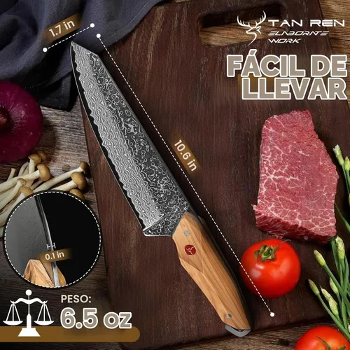 Vista 5 de TAN REN Cuchillo de chef de Damasco de 6 pulgadas con funda, cuchillo japonés Kiritsuke afilado, cuchillos de cocina de Damasco de espiga completa