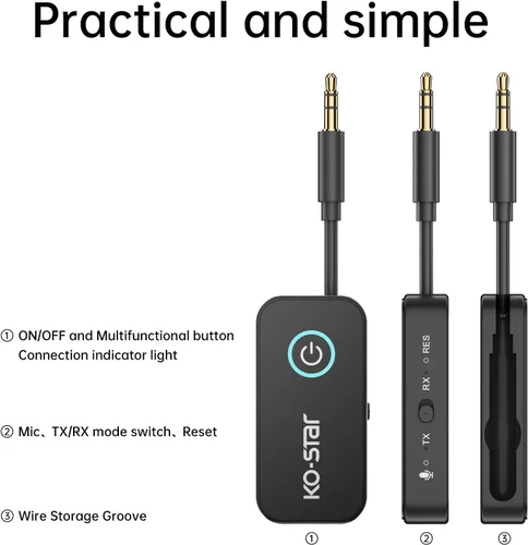 Vista 4 de Receptor transmisor Bluetooth 5.4, adaptador de audio inalámbrico 2 en 1 con doble enlace para 2 auriculares, conector auxiliar de 0.138 in para TV