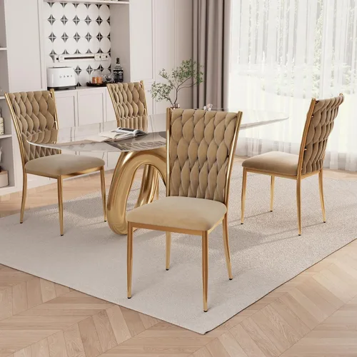 Vista 32 de Juego de 2 sillas de comedor de terciopelo, modernas sillas de cocina tejidas con patas de metal dorado, cojín tapizado con respaldo alto
