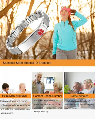 Vista 5 de Pulseras de identificación de alerta médica para mujer, pulsera elástica ajustable de emergencia de acero inoxidable plateado de 7.48 pulgadas