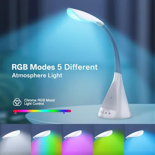Vista 2 de Lámpara de escritorio LED con control táctil y cuello de cisne de 360 grados, 9 modos de iluminación con 5 colores RGB para luz de lectura en casa