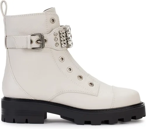 Vista 8 de KARL LAGERFELD PARIS Botas de combate Maeva Lug-Sole para mujer con una moda detallada de cristal, color blanco suave, 9, Blanco suave