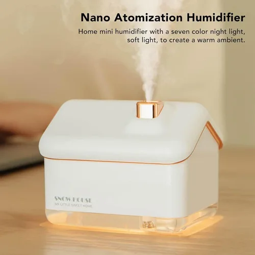 Vista 9 de EVGATSAUTO Humidificador de escritorio, humidificador de casa de nieve, ajuste de 2 velocidades, portátil, silencioso, USB, enchufe, regalo con luz