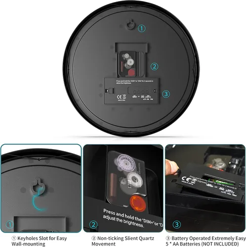 Vista 3 de Reloj de pared, con pantalla digital LED, silencioso sin tictac, de cuarzo de 12 pulgadas, funciona con pilas, reloj de pared analógico redondo Caja