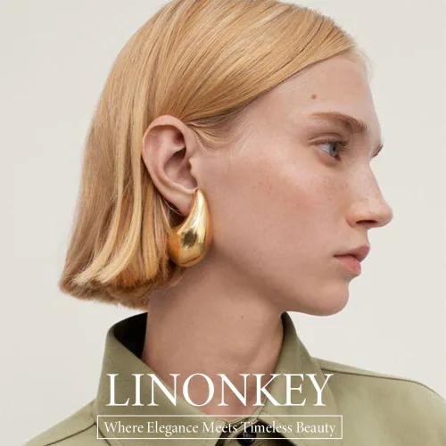 Vista 2 de LINONKEY Juego de 3 pares de aretes de oro con forma de lágrima para mujer, grandes, medianos, pequeños, gruesos, hipoalergénicos, chapados en oro