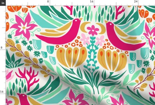 Vista 3 de Spoonflower Tela - Pájaros coloridos rosa verde bohemio botánico floral impreso en tela de gasa Fat Quarter - Ropa de moda de costura Vestidos