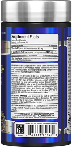 Vista 3 de ALLMAX Cápsulas de L-carnitina + tartrato, 120 unidades, 60 porciones