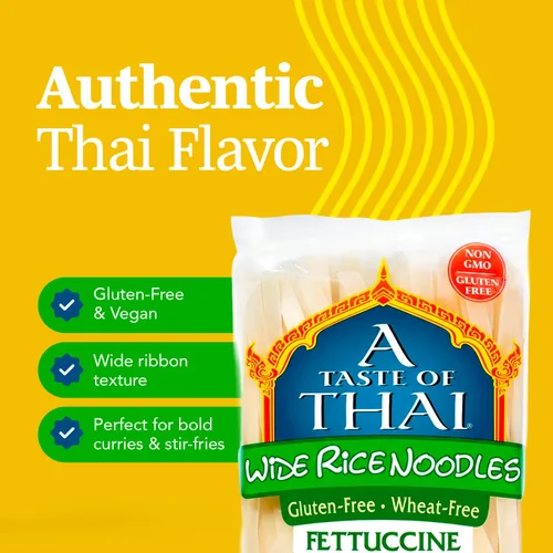 Vista 3 de A Taste of Thai Fideos de Arroz Fettuccine (Corte Recto) Sabor Tailandés de Calidad de Restaurante en Minutos Vegano, Sin Gluten, Sin Trigo, Sin