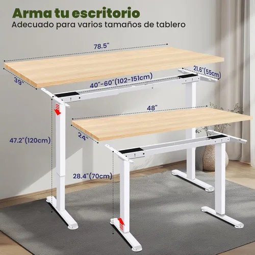 Vista 3 de farexon Marco de escritorio eléctrico de pie con bandeja de gestión de cables, ruedas y ganchos, escritorio de pie de doble motor resistente