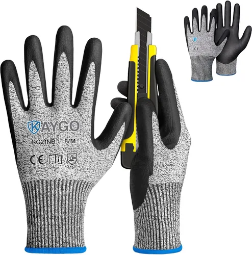 Vista 20 de KAYGO - Guantes de nitrilo resistentes a cortes para tareas de agarre aceitoso y húmedo ANSI A3, HPPE/Forro de fibra de vidrio, agarre